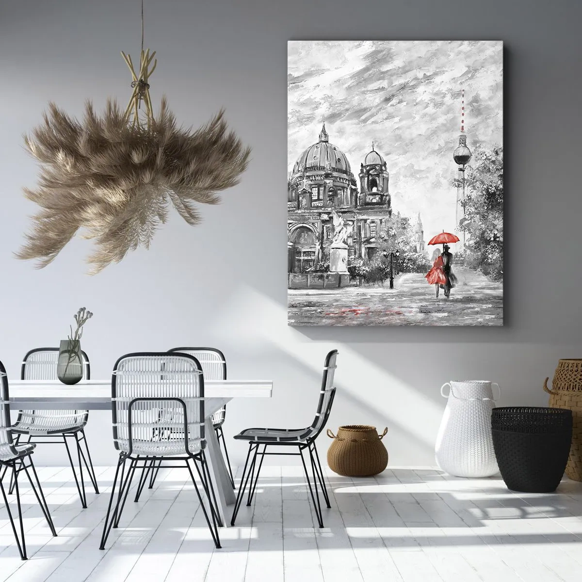 Cuadro sobre lienzo - Impresión de Imagen - Escena en blanco y negro con Berlín, un paraguas rojo y un árbol. - 80x120cm - Reunión en Berlín - Decoración de pared moderna para salón y dormitorio ARTTOR