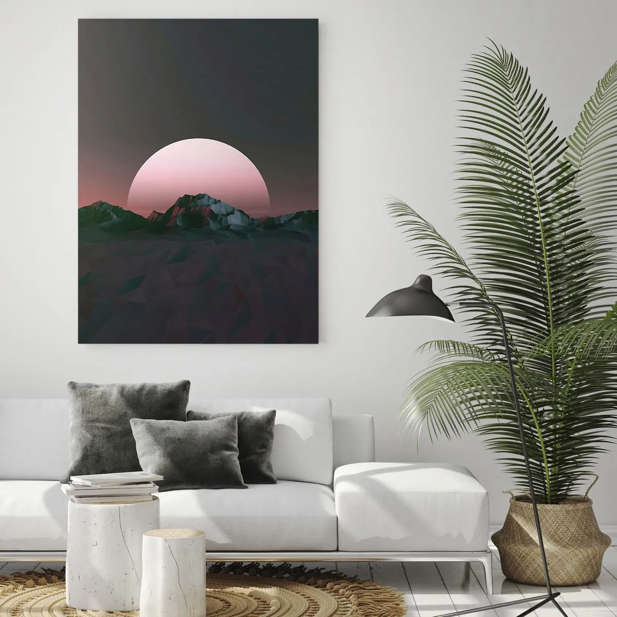 Cuadro sobre vidrio - Impresiones sobre Vidrio - Paisaje abstracto con montañas geométricas y un sol rosa. - 50x70cm - En una galaxia muy muy lejana - Decoración de pared moderna para salón y dormitorio ARTTOR