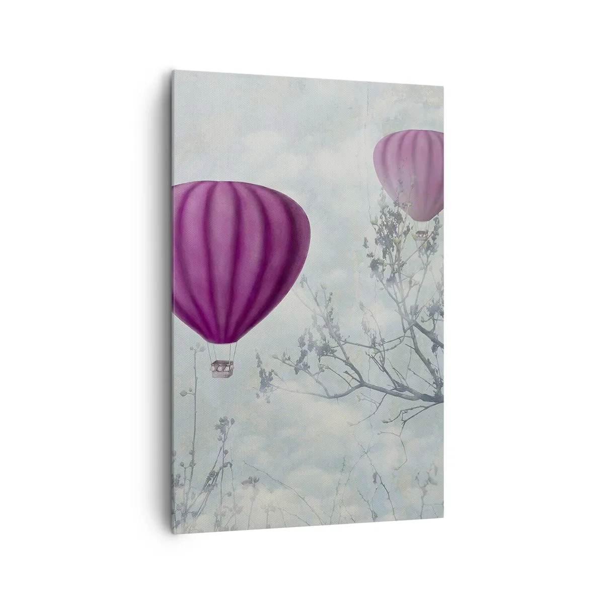 Cuadro sobre lienzo - Impresión de Imagen - Globos morados flotando sobre los árboles en las nubes. - 80x120cm - Surcando los cielos - Decoración de pared moderna para salón y dormitorio ARTTOR