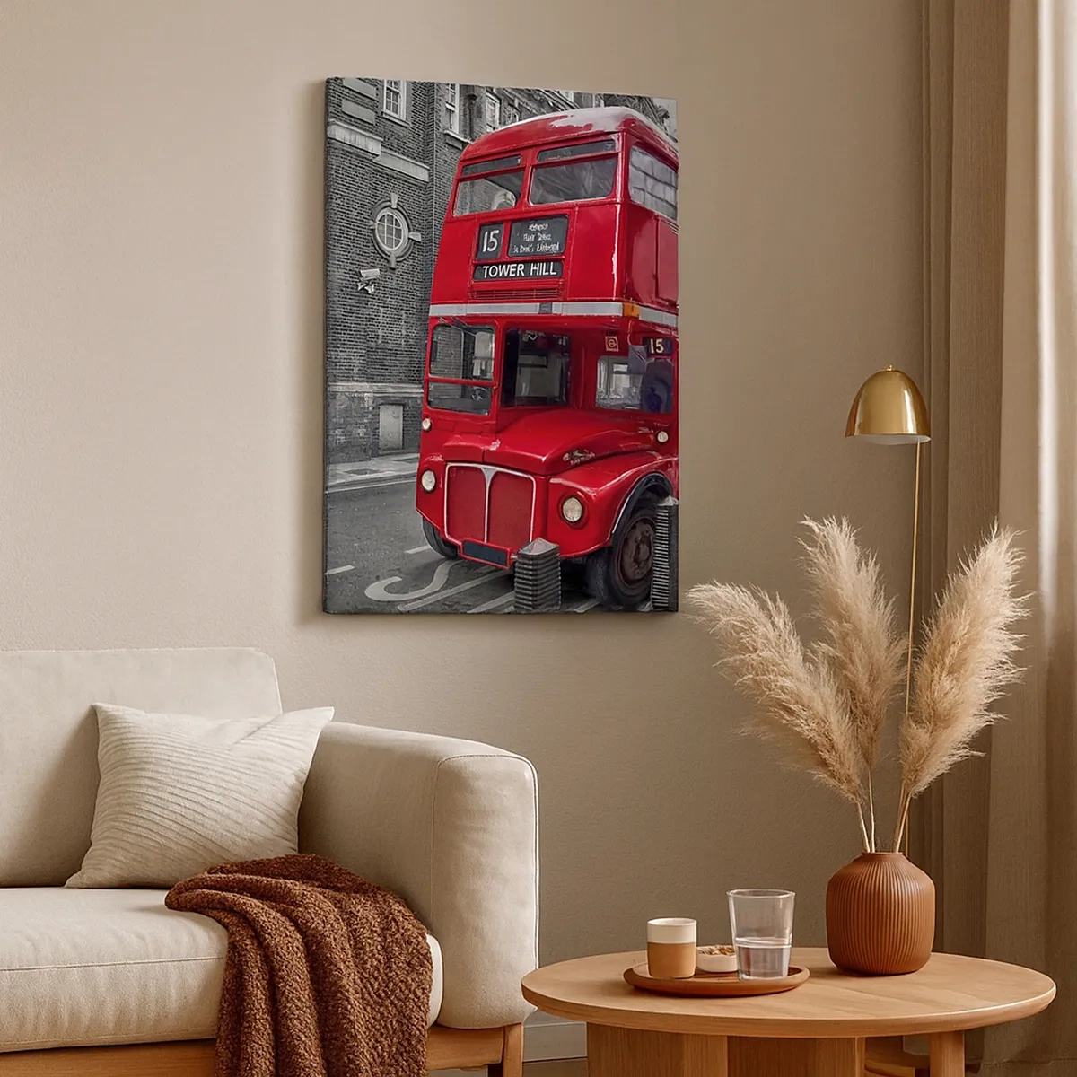 Cuadro sobre lienzo - Impresión de Imagen - Un autobús rojo de dos pisos en Londres con un fondo de arquitectura clásica. - 50x70cm - El mismo de siempre - Decoración de pared moderna para salón y dormitorio ARTTOR
