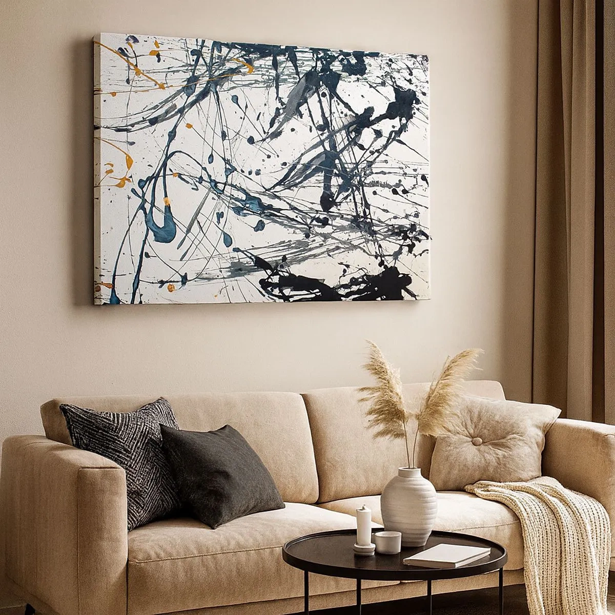 Cuadro sobre lienzo - Impresión de Imagen - Patrón de pintura abstracta con líneas y manchas dinámicas. - 70x50cm - ¿Con o sin sentido? - Decoración de pared moderna para salón y dormitorio ARTTOR