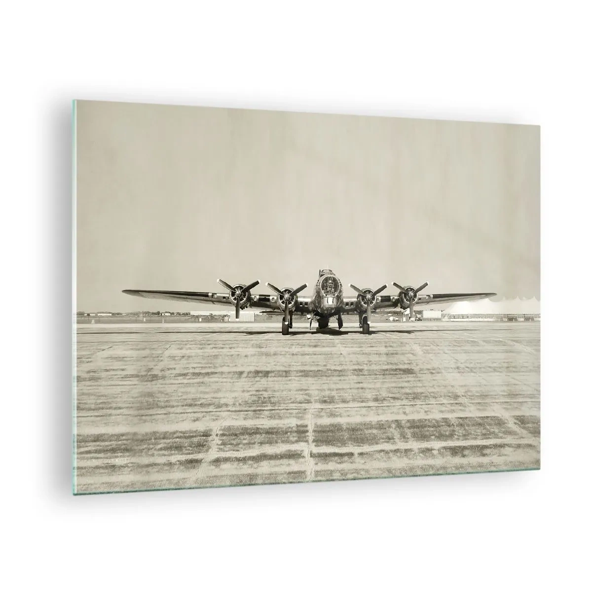 Cuadro sobre vidrio - Impresiones sobre Vidrio - Avión histórico en el aeropuerto en estilo sepia. - 70x50cm - Como siempre, preparado - Decoración de pared moderna para salón y dormitorio ARTTOR
