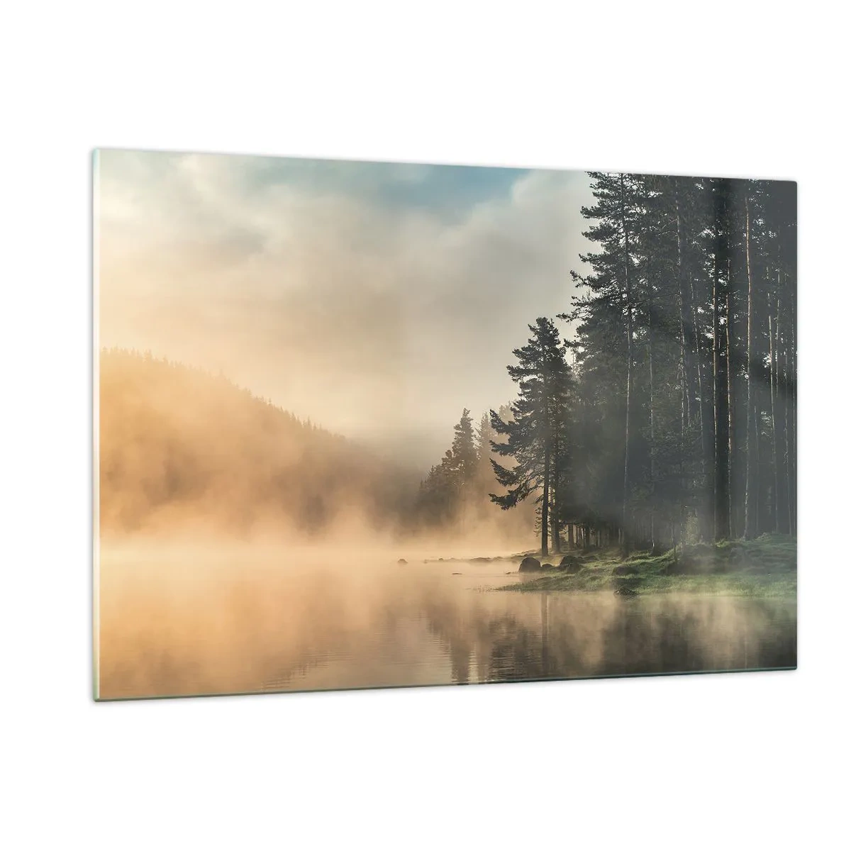 Cuadro sobre vidrio - Impresiones sobre Vidrio - Una mañana brumosa sobre un lago del bosque. - 120x80cm - El nacimiento de un día - Decoración de pared moderna para salón y dormitorio ARTTOR