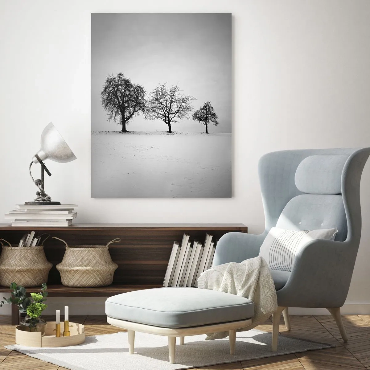 Cuadro sobre vidrio - Impresiones sobre Vidrio - Tres árboles en un campo nevado en estilo monocromático. - 80x120cm - ¿Con qué sueñan? - Decoración de pared moderna para salón y dormitorio ARTTOR