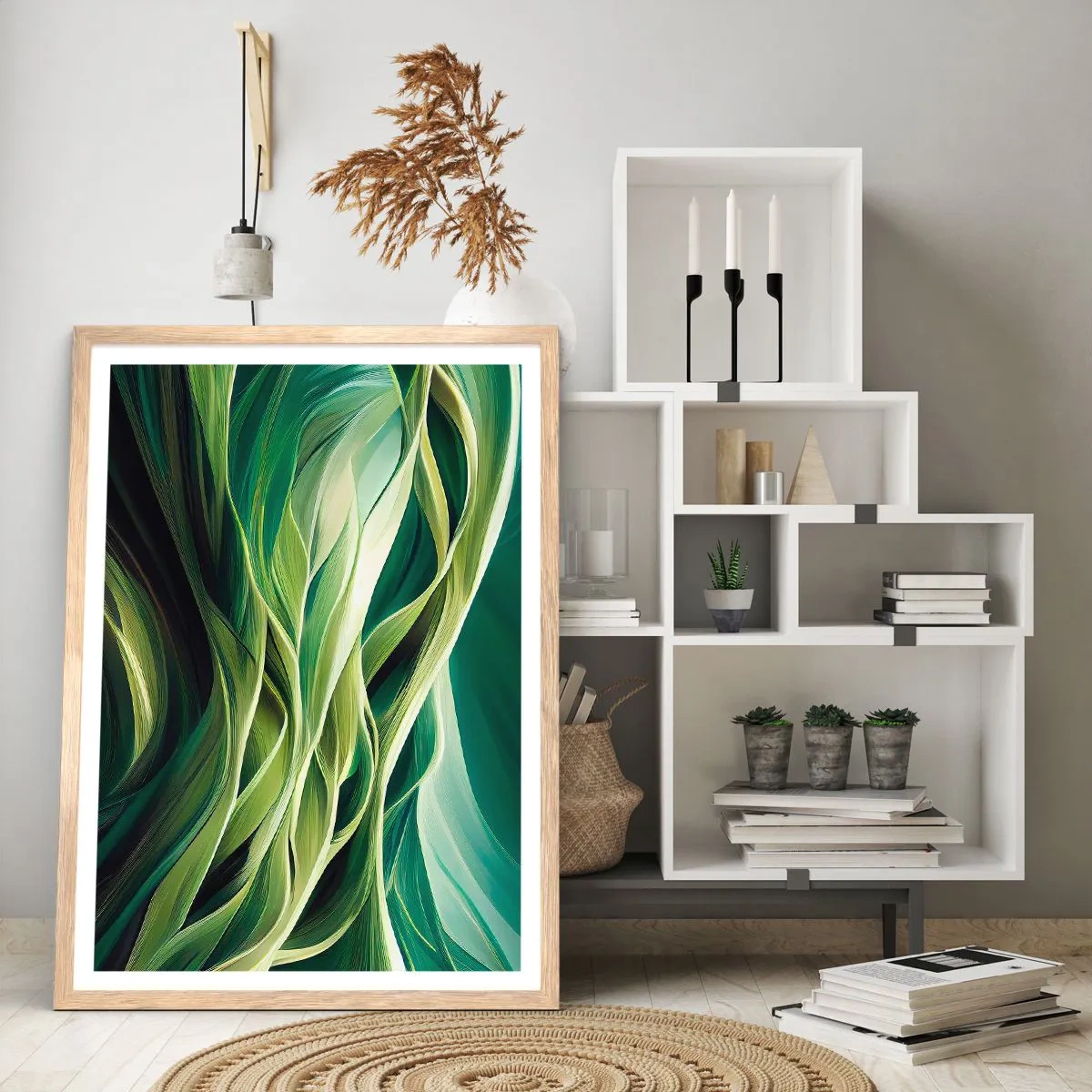 Póster en marco roble claro - Un juego abstracto de color verde - 50x70 cm