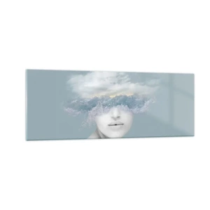 Cuadro sobre vidrio - Impresiones sobre Vidrio - Retrato de una mujer con el rostro oculto tras nubes y olas. - 140x50cm - Con la cabeza en las nubes - Decoración de pared moderna para salón y dormitorio ARTTOR
