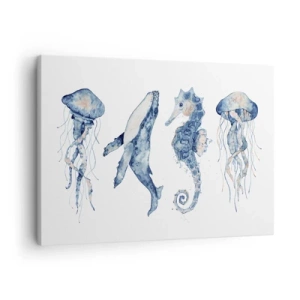 Cuadro sobre lienzo - Impresión de Imagen - Medusa, ballena y caballito de mar en estilo acuarela. - 70x50cm - Fauna marina - Decoración de pared moderna para salón y dormitorio ARTTOR