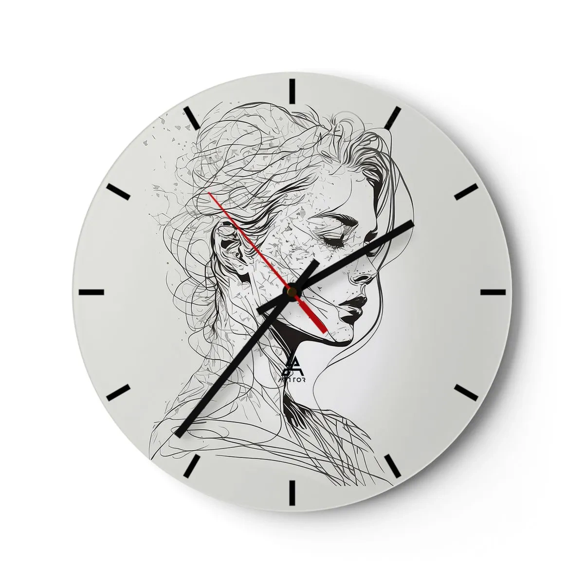 Reloj de pared - Reloj de vidrio - Boceto en blanco y negro del rostro de una mujer pensativa. - 30x30cm - Retrato de ensueño - Decoración de pared moderna para salón, cocina y dormitorio ARTTOR
