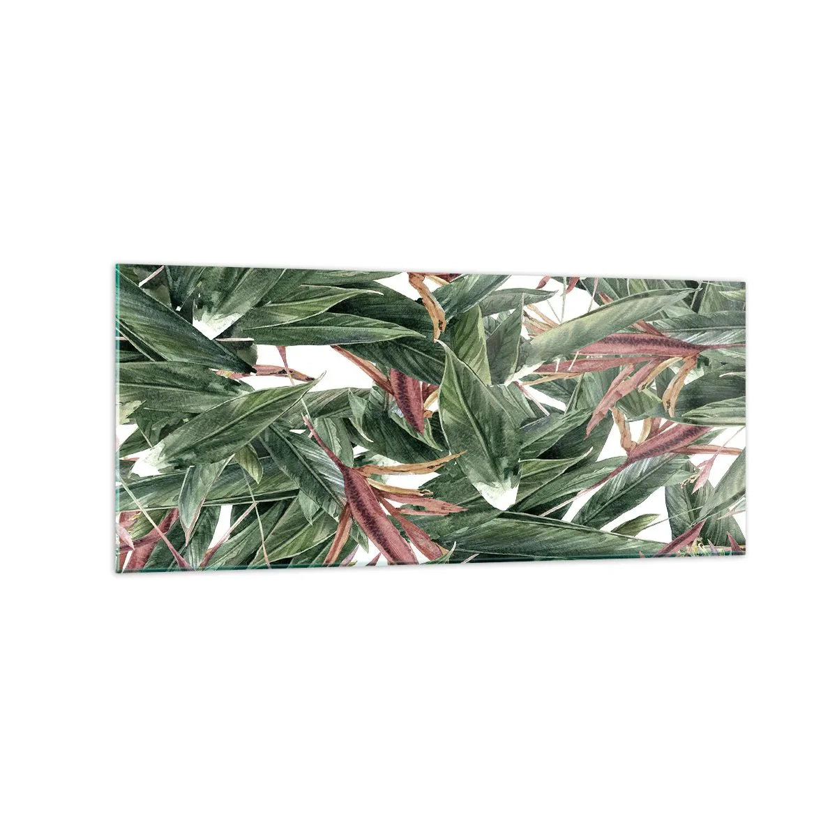 Cuadro sobre vidrio - Impresiones sobre Vidrio - Un motivo decorativo de hojas en tonos verdes y burdeos sobre un fondo claro. - 120x50cm - Naturaleza esmeralda y lila - Decoración de pared moderna para salón y dormitorio ARTTOR