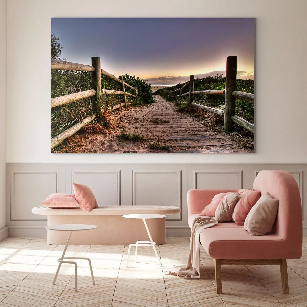 Cuadro sobre vidrio - Impresiones sobre Vidrio - Camino a la playa al atardecer - 120x80cm - Objetivo a la vista - Decoración de pared moderna para salón y dormitorio ARTTOR