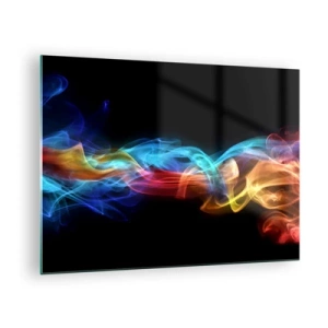 Cuadro sobre vidrio - Impresiones sobre Vidrio - Rayas de humo de colores sobre un fondo negro que crean un patrón abstracto - 70x50cm - Una danza de nieblas de arco iris - Decoración de pared moderna para salón y dormitorio ARTTOR