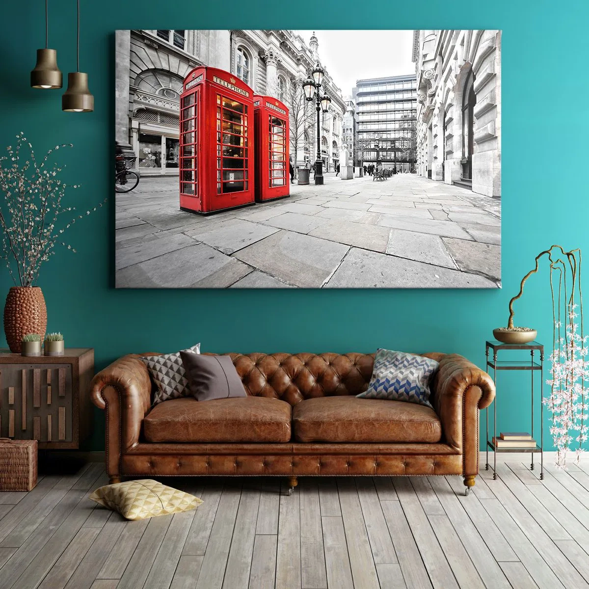 Cuadro sobre lienzo - Impresión de Imagen - Cabinas telefónicas rojas con el paisaje urbano como telón de fondo - 100x70cm - Bienvenido a Londres - Decoración de pared moderna para salón y dormitorio ARTTOR
