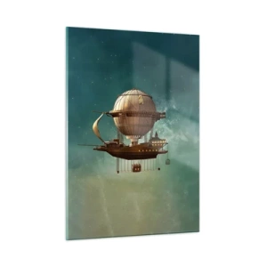 Cuadro sobre vidrio - Impresiones sobre Vidrio - Un dirigible volador con una casa de estilo retro en el cielo. - 50x70cm - Julio Verne saluda - Decoración de pared moderna para salón y dormitorio ARTTOR