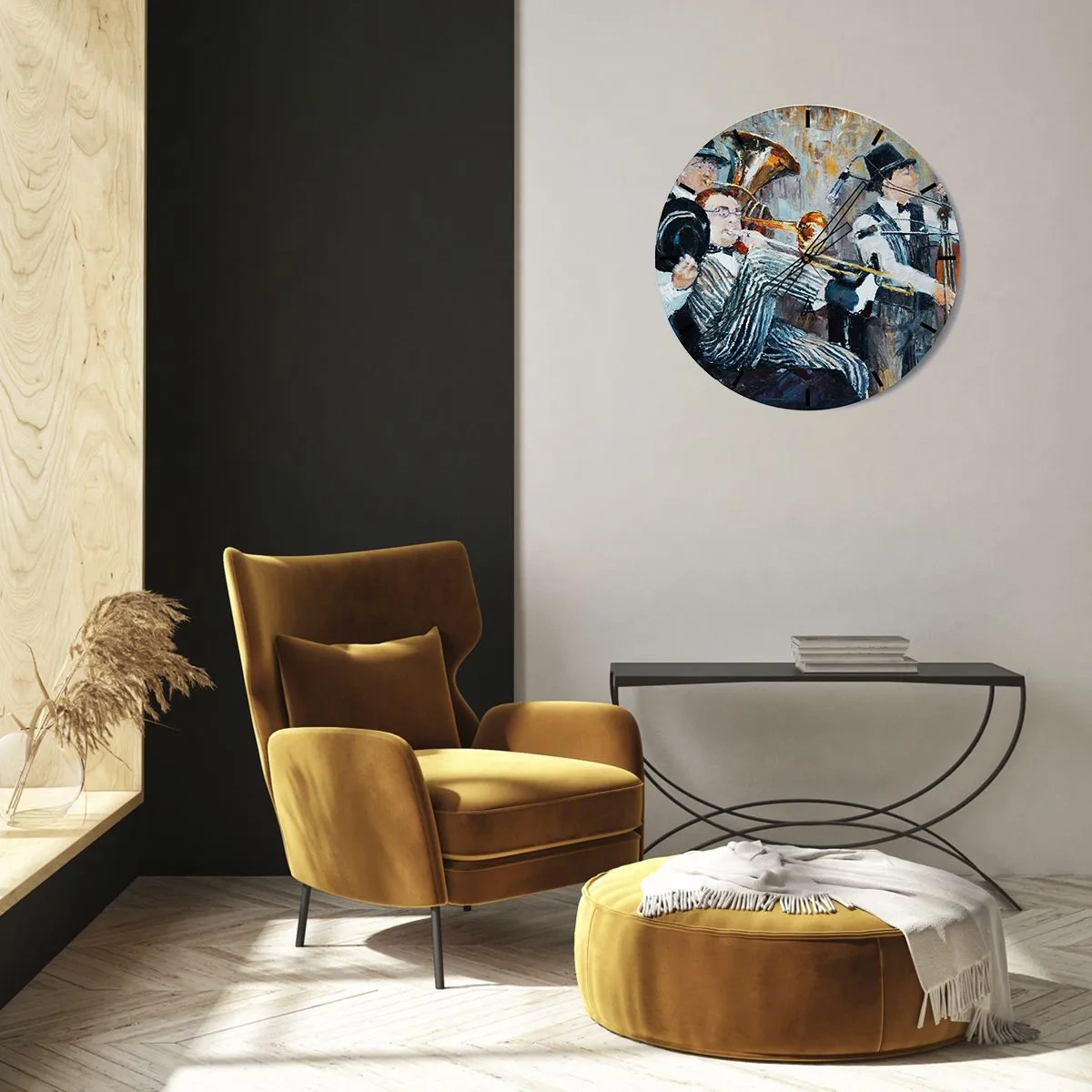Reloj de pared - Reloj de vidrio - Una banda de jazz desde una perspectiva artística - 30x30cm - Todo ese jazz - Decoración de pared moderna para salón, cocina y dormitorio ARTTOR