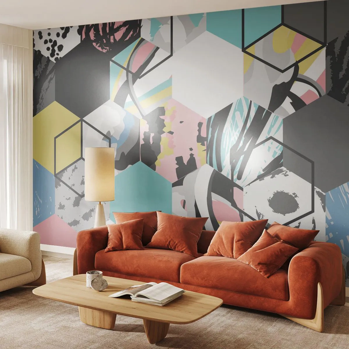 Fotomural Premium Canvas - Hexágonos y cubos en seis colores - Abstracción, Pedazo, Patrón moderno - 450x315 cm