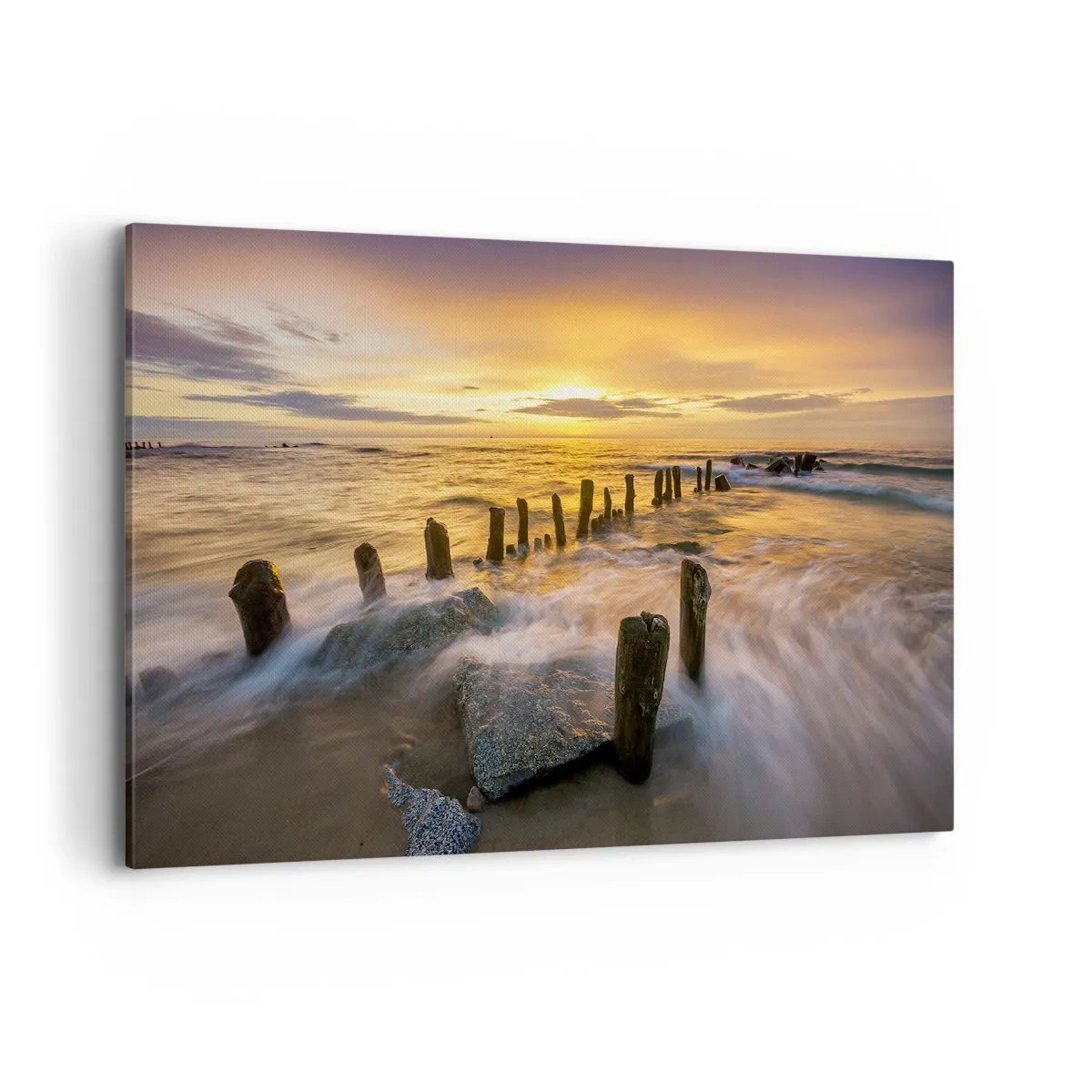 Cuadro sobre lienzo - Impresión de Imagen - Puesta de sol sobre el mar con los restos de un antiguo muelle - 120x80cm - La cruda belleza del Báltico - Decoración de pared moderna para salón y dormitorio ARTTOR