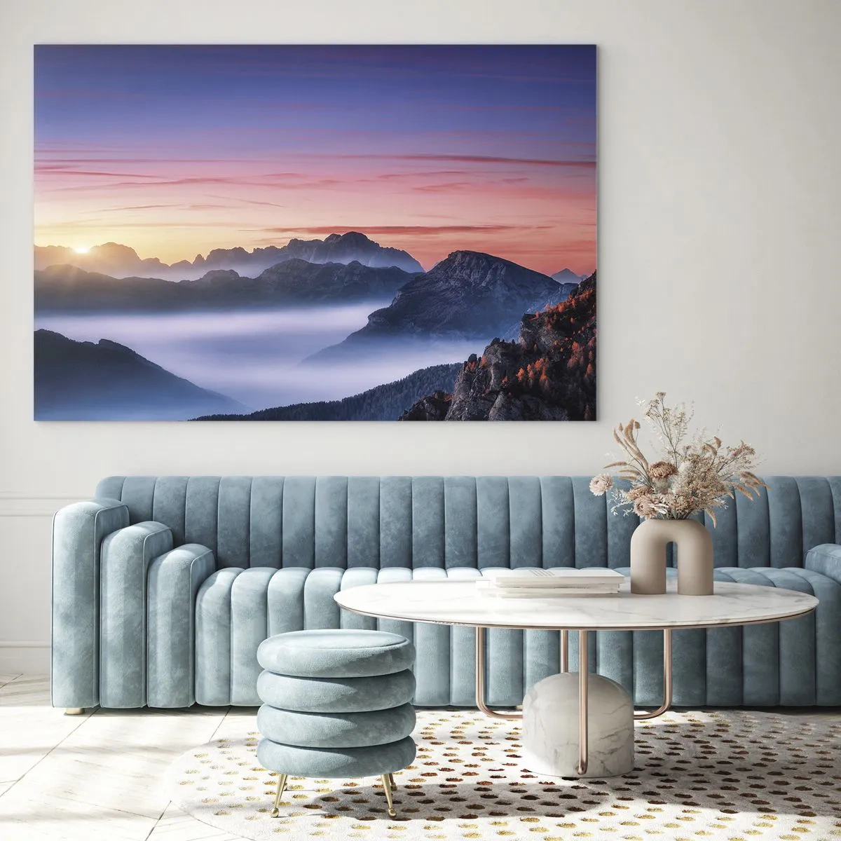 Cuadro sobre vidrio - Impresiones sobre Vidrio - Un pintoresco amanecer sobre el paisaje montañoso. - 100x70cm - Sobre los valles - Decoración de pared moderna para salón y dormitorio ARTTOR