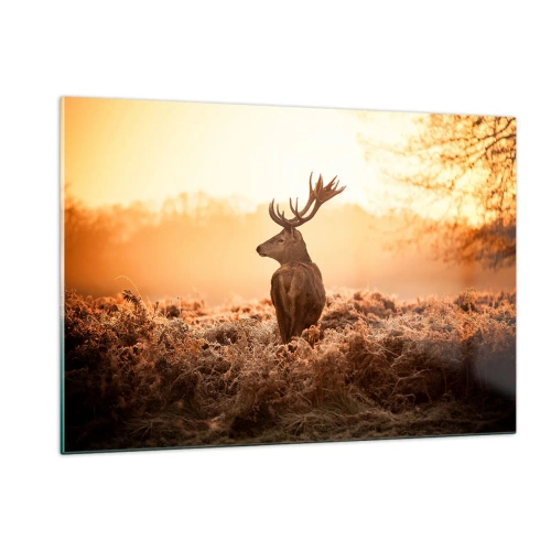 Cuadro sobre vidrio - Impresiones sobre Vidrio - Ciervos con el amanecer como telón de fondo en un paisaje natural. - 120x80cm - Un líder por derecho - Decoración de pared moderna para salón y dormitorio ARTTOR