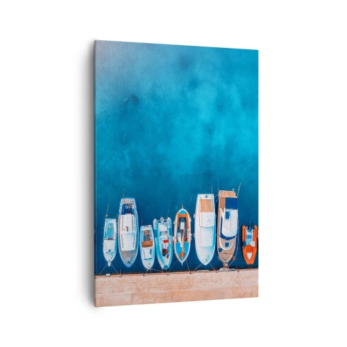 Cuadro sobre lienzo - Impresión de Imagen - Barcos amarrados en la orilla contra el agua azul. - 70x100cm - En fila y a la espera - Decoración de pared moderna para salón y dormitorio ARTTOR