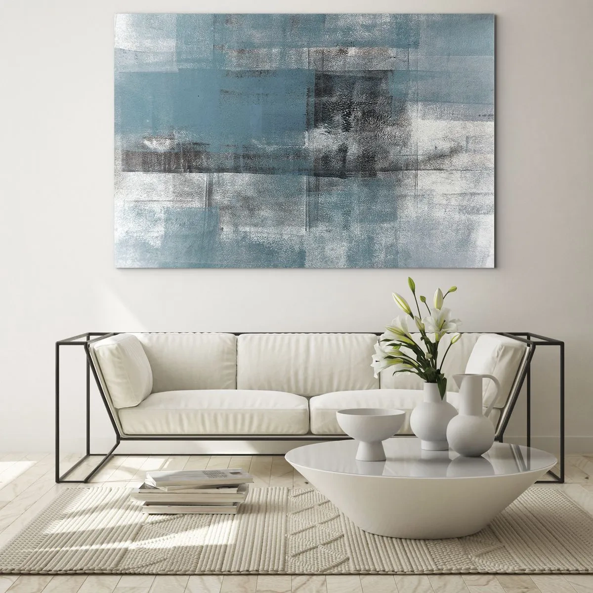 Cuadro sobre vidrio - Impresiones sobre Vidrio - Abstracción en tonos azules y grises con formas geométricas. - 70x50cm - Agua y aire - Decoración de pared moderna para salón y dormitorio ARTTOR