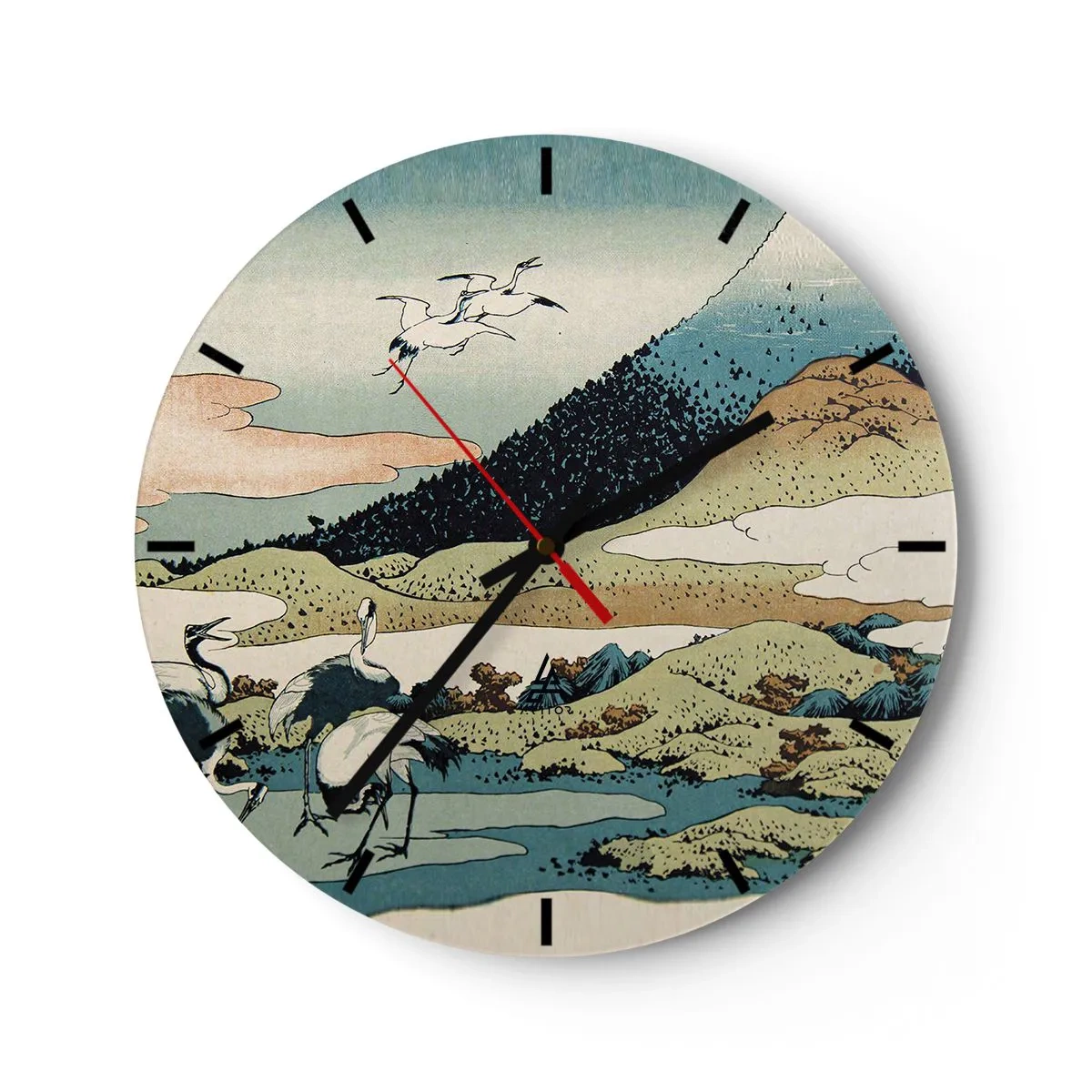 Reloj de pared - Reloj de vidrio - Escena japonesa con pájaros frente a un paisaje montañoso. - 30x30cm - Alma japonesa - Decoración de pared moderna para salón, cocina y dormitorio ARTTOR