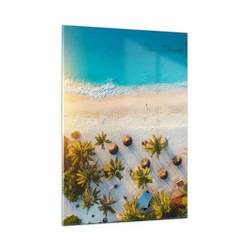 Cuadro sobre vidrio - Impresiones sobre Vidrio - Vista aérea de una playa tropical con palmeras y sombrillas. - 50x70cm - Bienvenidos al paraíso - Decoración de pared moderna para salón y dormitorio ARTTOR