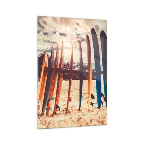 Cuadro sobre vidrio - Impresiones sobre Vidrio - Tablas de surf en la playa al atardecer - 70x100cm - Buenas noches, hasta mañana - Decoración de pared moderna para salón y dormitorio ARTTOR