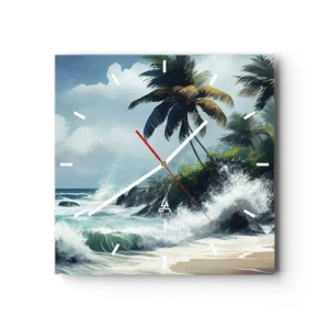 Reloj de pared - Reloj de vidrio - Costa tropical con palmeras y mar agitado. - 30x30cm - En una costa tropical - Decoración de pared moderna para salón y dormitorio ARTTOR