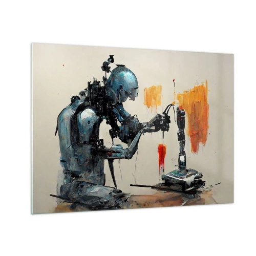 Cuadro sobre vidrio - Impresiones sobre Vidrio - Un robot pintando una mano mecánica sobre un fondo abstracto. - 70x50cm - Próximamente... - Decoración de pared moderna para salón y dormitorio ARTTOR