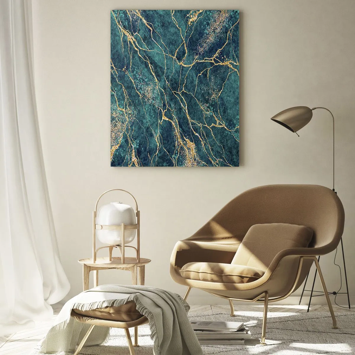 Cuadro sobre vidrio - Impresiones sobre Vidrio - Piedra jaspeada con vetas doradas, tonos verde azulado y verde. - 50x70cm - Riachuelos de oro - Decoración de pared moderna para salón y dormitorio ARTTOR