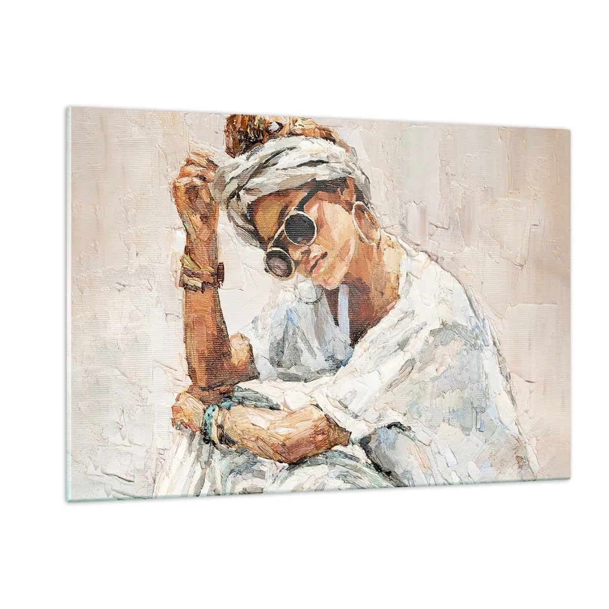 Cuadro sobre vidrio - Impresiones sobre Vidrio - Retrato de una mujer con gafas y turbante pintado con espátula - 120x80cm - Retrato a pleno sol - Decoración de pared moderna para salón y dormitorio ARTTOR
