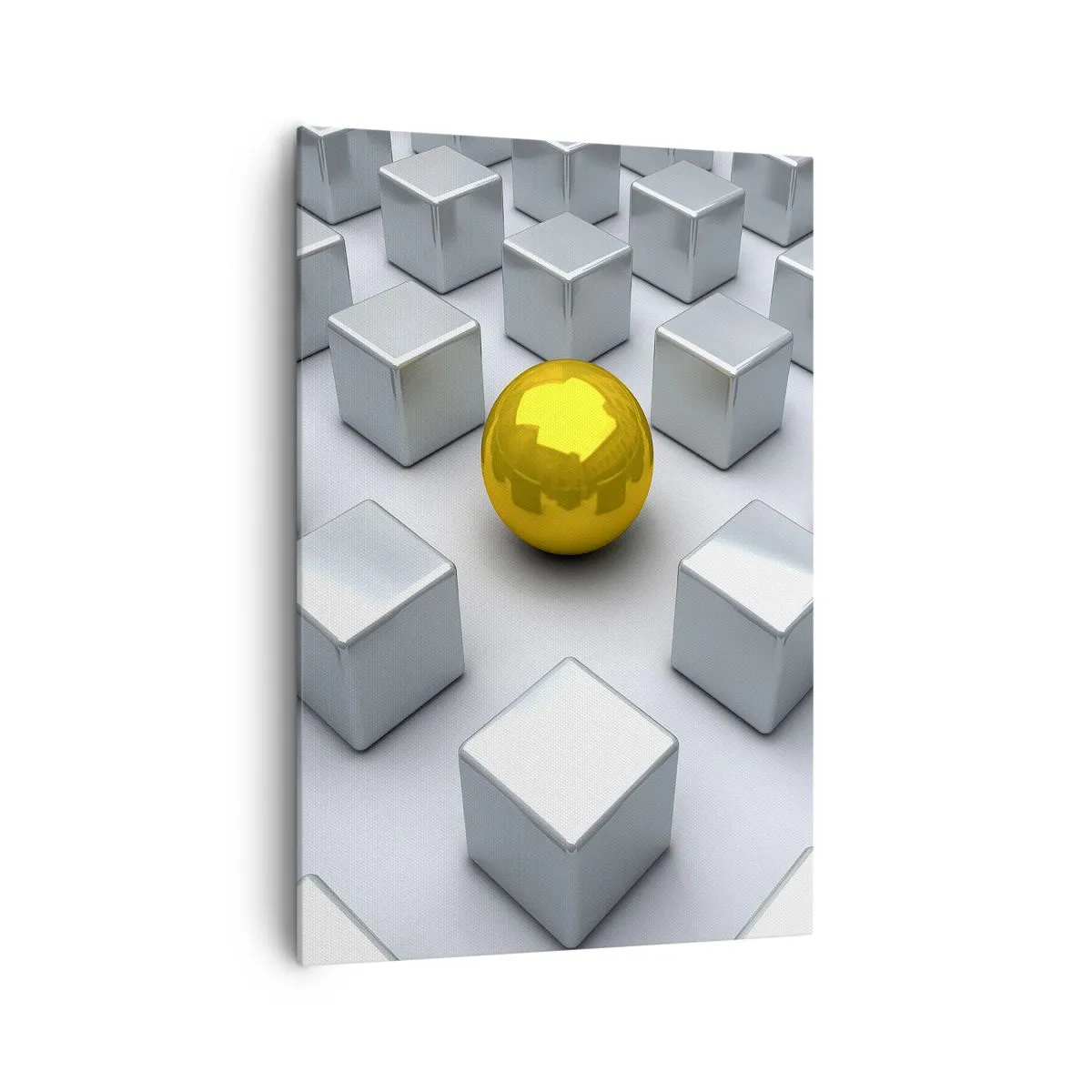 Cuadro sobre lienzo - Impresión de Imagen - Una esfera dorada que destaca entre los cubos plateados. - 70x100cm - ¿Por qué yo? Composición geométrica - Decoración de pared moderna para salón y dormitorio ARTTOR