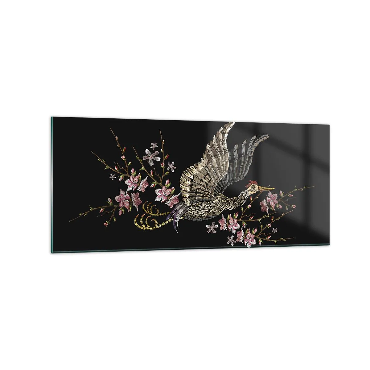Cuadro sobre vidrio - Impresiones sobre Vidrio - Un pájaro en vuelo con flores sobre un fondo negro. - 120x50cm - Ave florida - Decoración de pared moderna para salón y dormitorio ARTTOR
