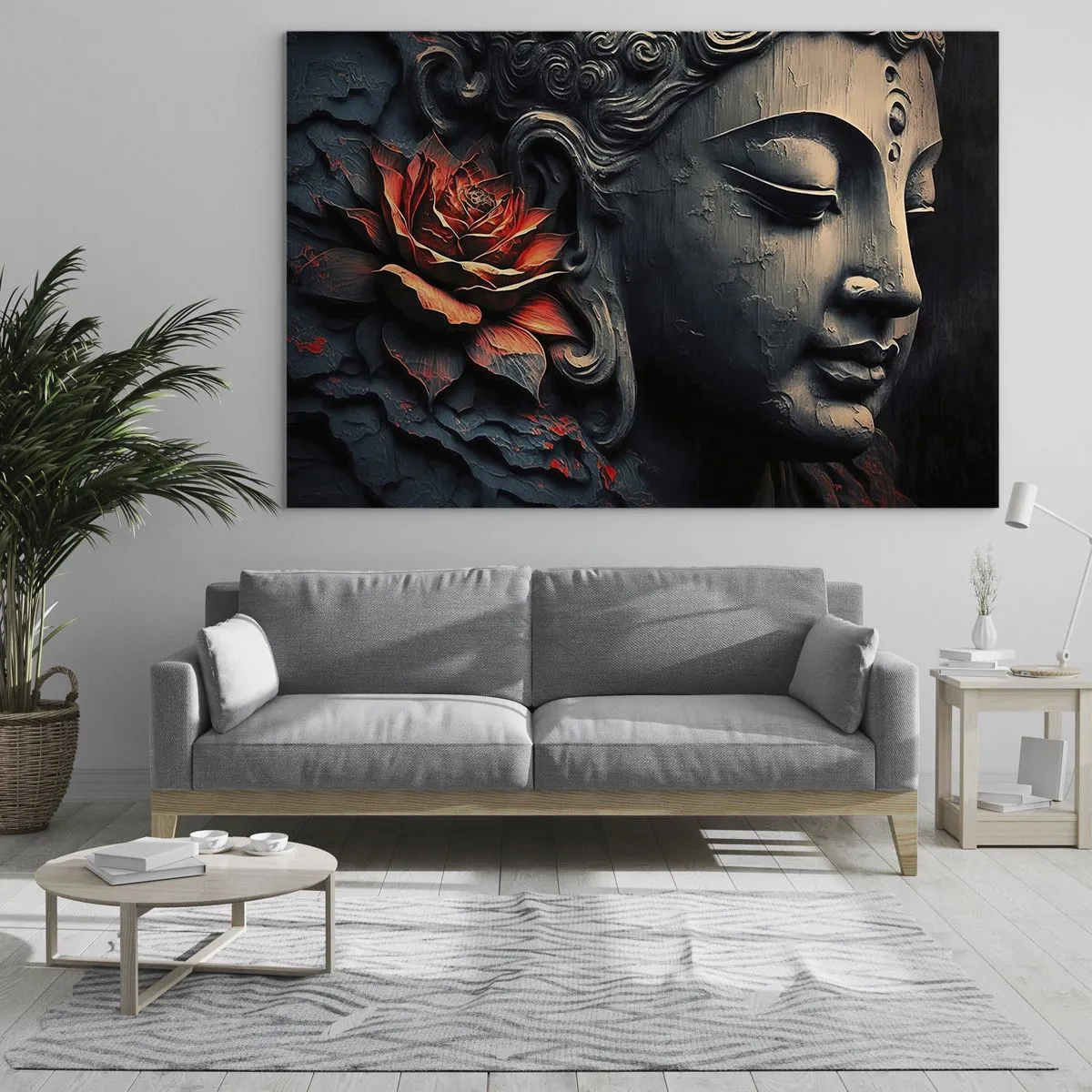 Cuadro sobre vidrio - Impresiones sobre Vidrio - Perfil de una figura meditando con una flor roja sobre un fondo oscuro. - 70x50cm - En sintonía con el mundo - Decoración de pared moderna para salón y dormitorio ARTTOR