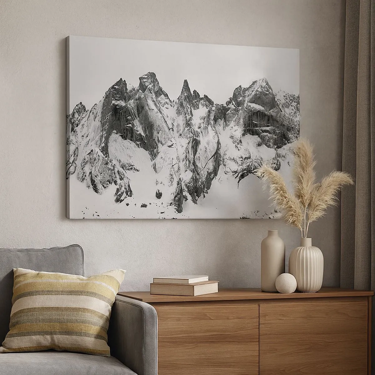 Cuadro sobre lienzo - Impresión de Imagen - Picos de montañas nevados en blanco y negro - 70x50cm - Cresta amenazante - Decoración de pared moderna para salón y dormitorio ARTTOR