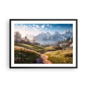 Póster en marco negro - Un valle de montaña con prados, cabañas y vistas a los picos. - 70x50cm - Valle idílico - Decoración de pared moderna para salón y dormitorio ARTTOR