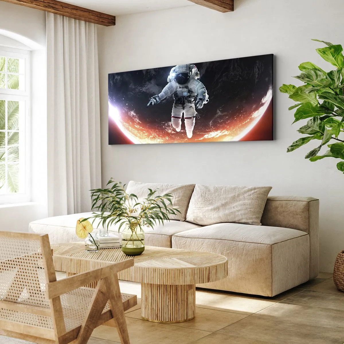 Cuadro sobre lienzo - Impresión de Imagen - Un astronauta flotando sobre una Tierra iluminada por el sol. - 160x50cm - ¿Puedo quedarme un rato más? - Decoración de pared moderna para salón y dormitorio ARTTOR