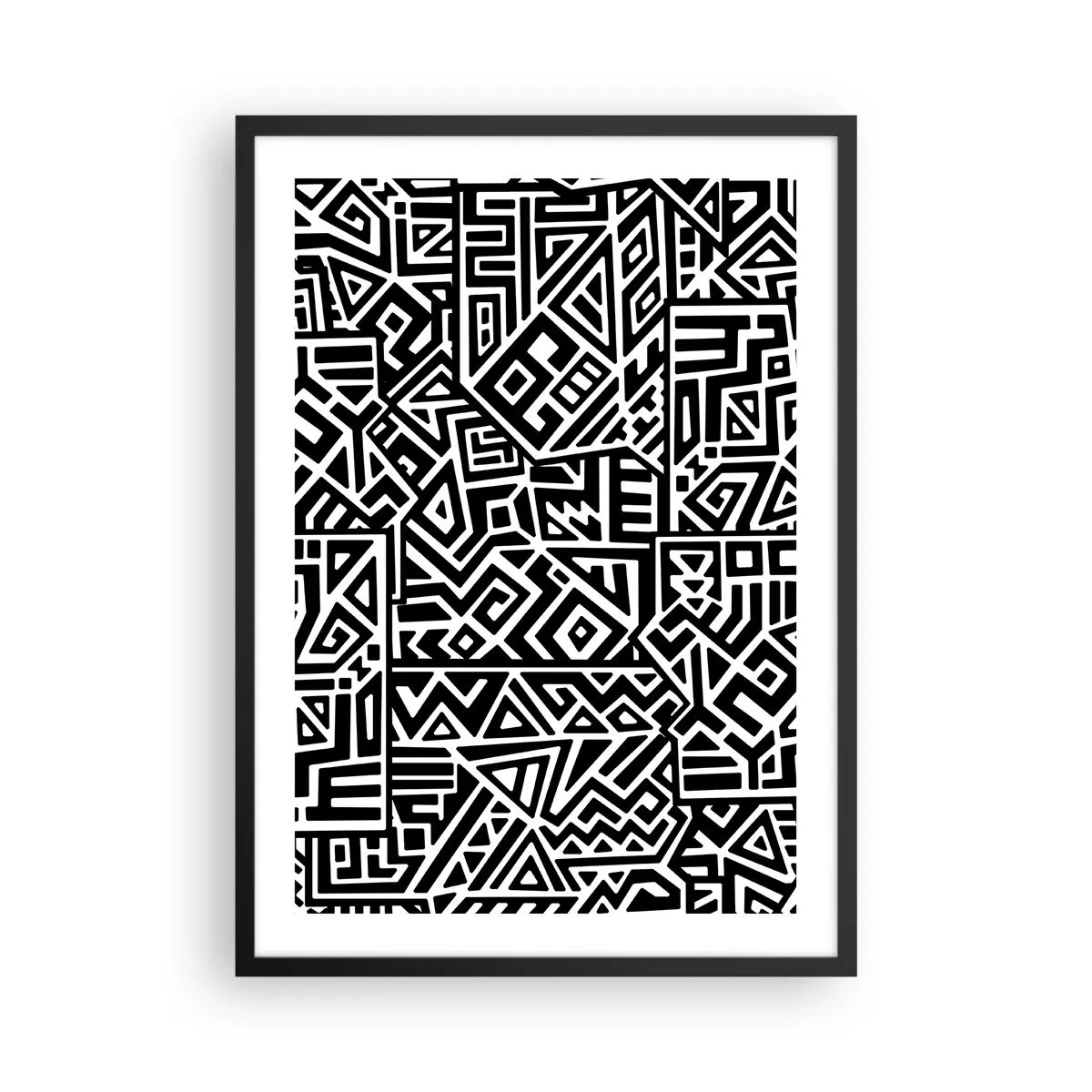 Póster en marco negro - Patrón geométrico en blanco y negro en un estilo artístico. - 50x70cm - Composición precolombina - Decoración de pared moderna para salón y dormitorio ARTTOR