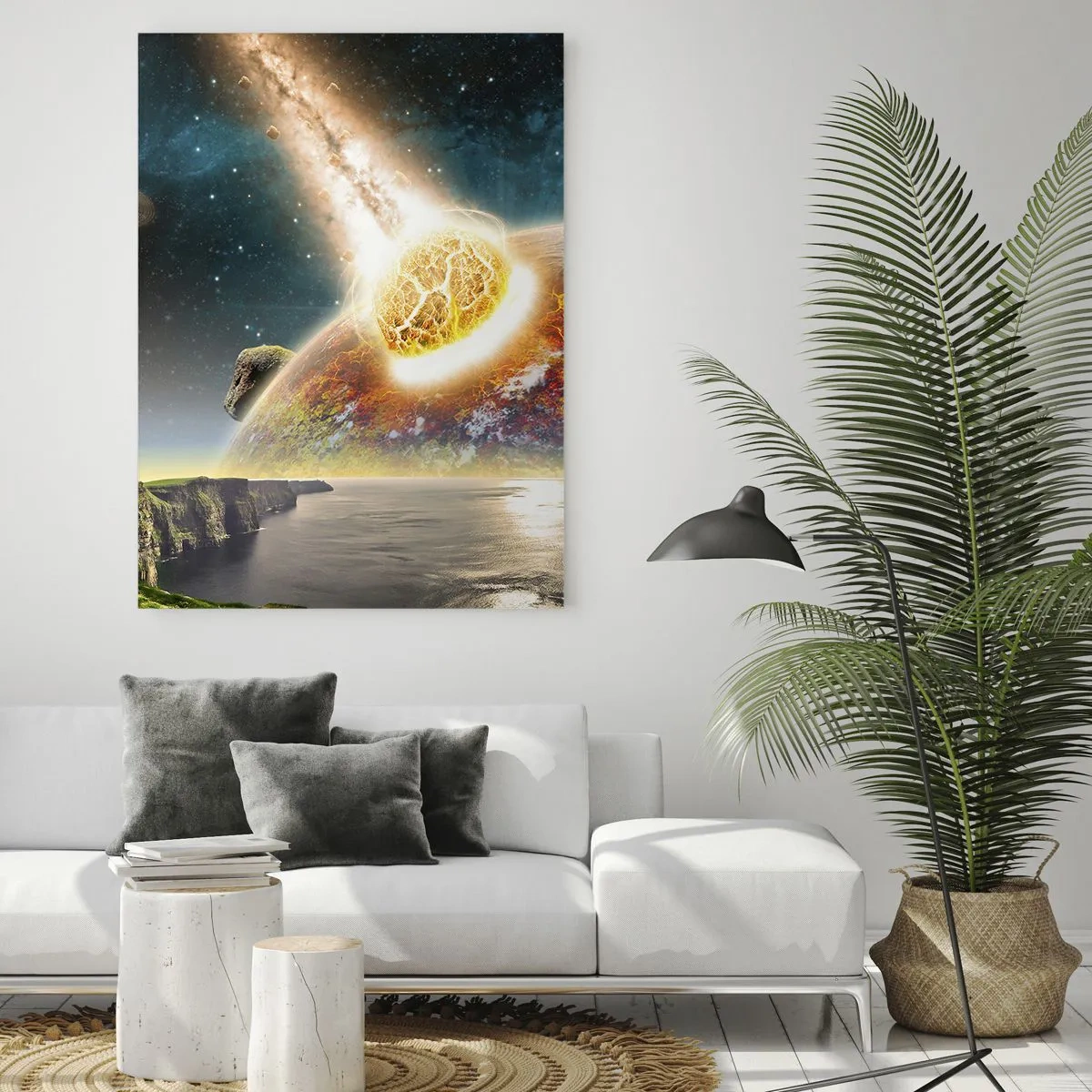 Cuadro sobre vidrio - Impresiones sobre Vidrio - Un meteorito choca con un planeta en un paisaje cósmico. - 70x100cm - Drama cósmico - Decoración de pared moderna para salón y dormitorio ARTTOR