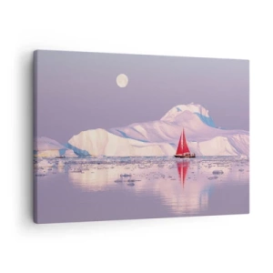 Cuadro sobre lienzo - Impresión de Imagen - Una vela roja con el telón de fondo de montañas heladas y una luna llena. - 70x50cm - El calor de la vela, el frío del hielo - Decoración de pared moderna para salón y dormitorio ARTTOR