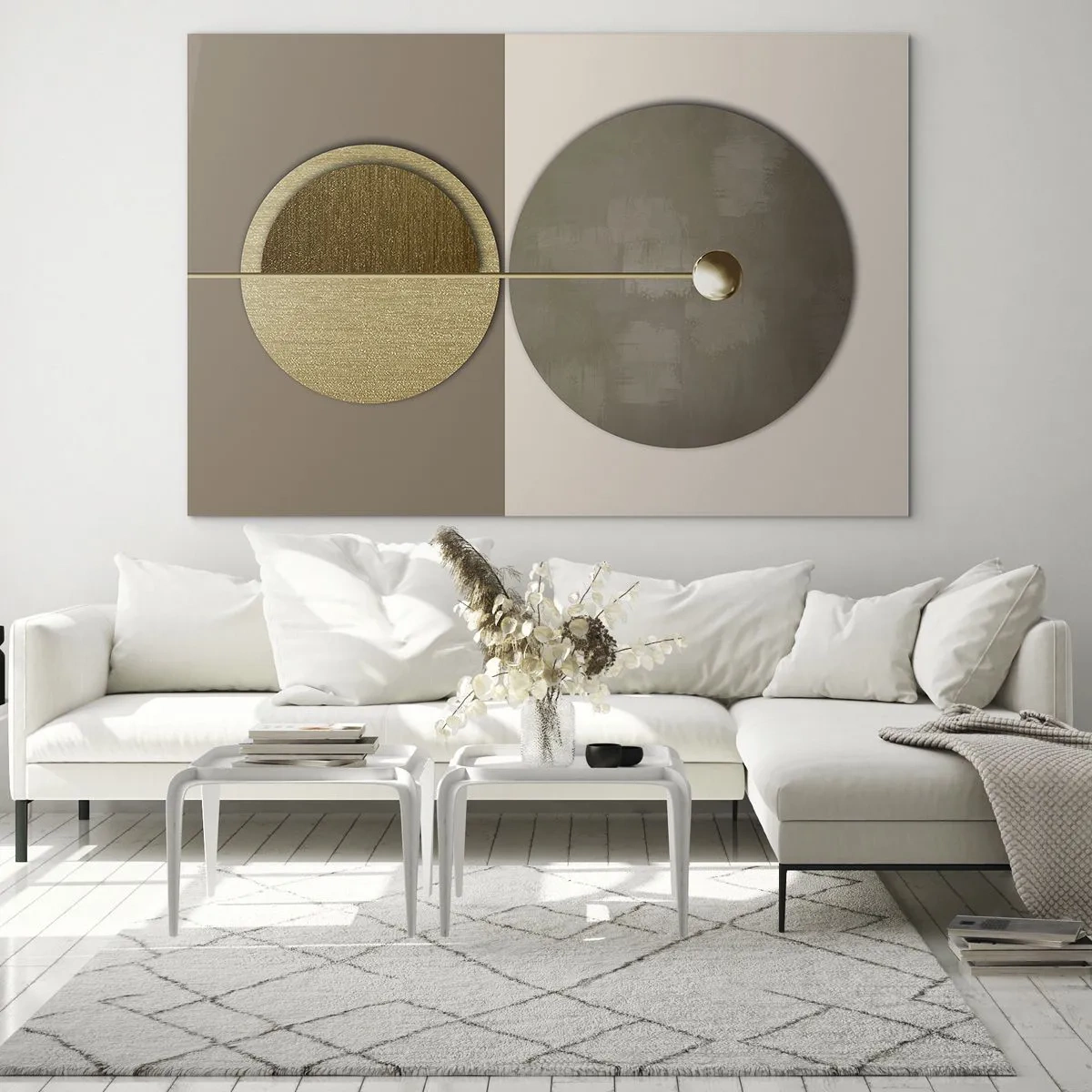 Cuadro sobre vidrio - Impresiones sobre Vidrio - Círculos y líneas doradas en una composición armoniosa. - 70x50cm - Equilibrio perfecto - Decoración de pared moderna para salón y dormitorio ARTTOR