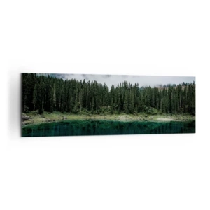 Cuadro sobre lienzo - Impresión de Imagen - Un paisaje de montaña con un bosque y un lago que refleja el cielo. - 160x50cm - Calla, calla, no despertemos al agua dormida.... - Decoración de pared moderna para salón y dormitorio ARTTOR