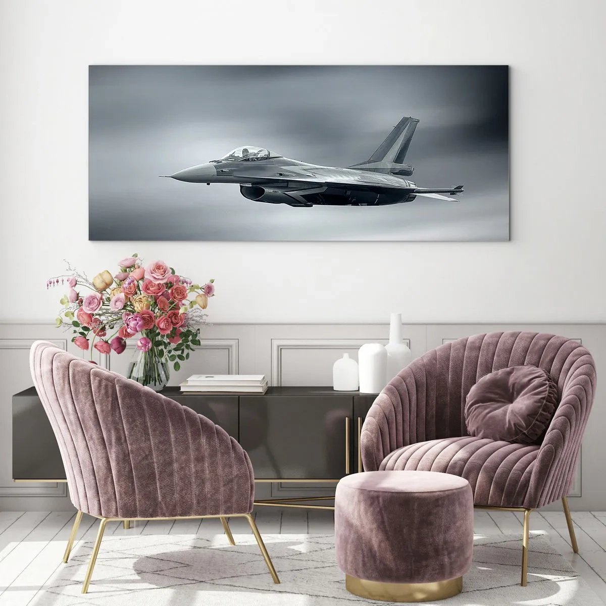 Cuadro sobre vidrio - Impresiones sobre Vidrio - Un avión de combate en vuelo contra un cielo nublado. - 140x50cm - ¿Quieres un reto? - Decoración de pared moderna para salón y dormitorio ARTTOR