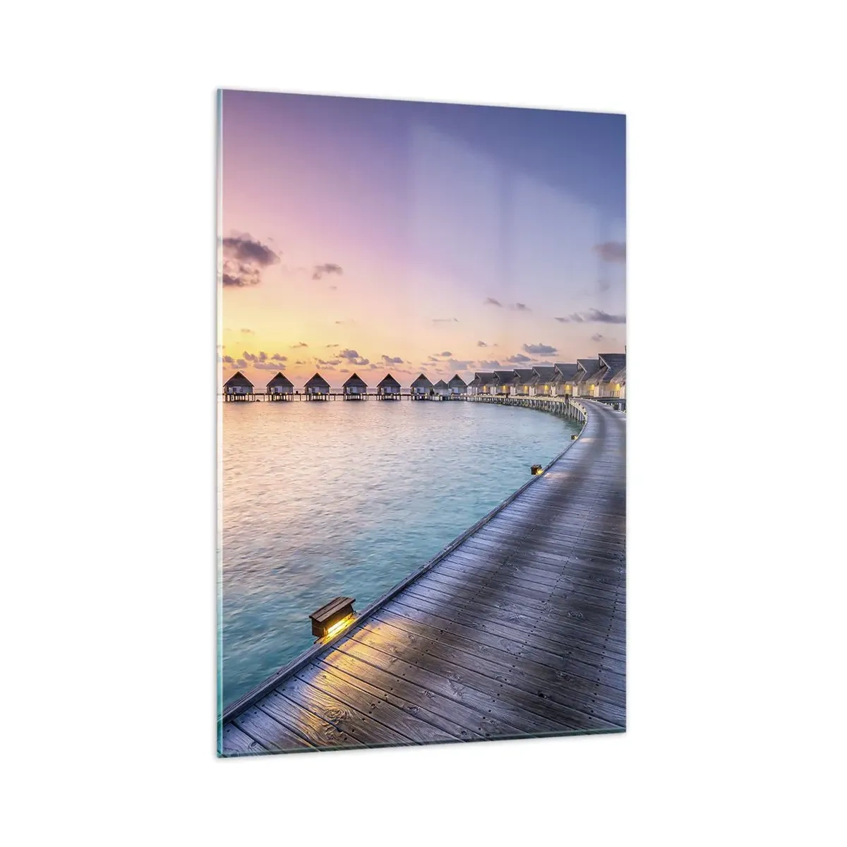 Cuadro sobre vidrio - Impresiones sobre Vidrio - El muelle que conduce a las cabañas frente al mar al atardecer. - 80x120cm - Vacaciones - volver al origen - Decoración de pared moderna para salón y dormitorio ARTTOR