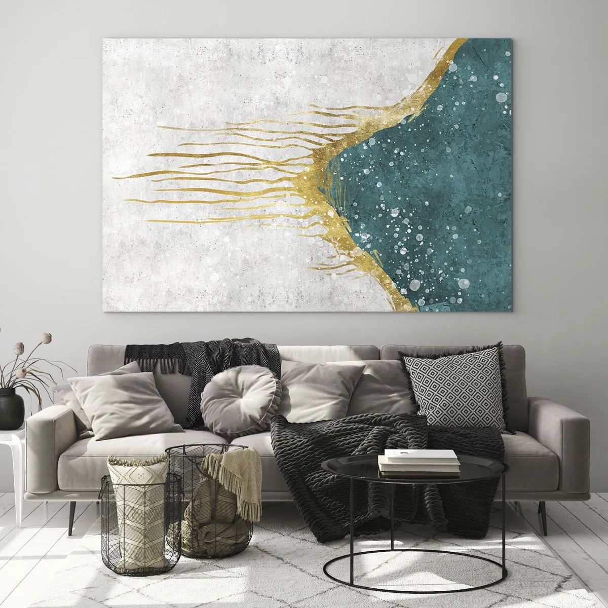 Cuadro sobre vidrio - Impresiones sobre Vidrio - Patrón abstracto dorado sobre un fondo turquesa y blanco - 70x50cm - Marea dorada - Decoración de pared moderna para salón y dormitorio ARTTOR
