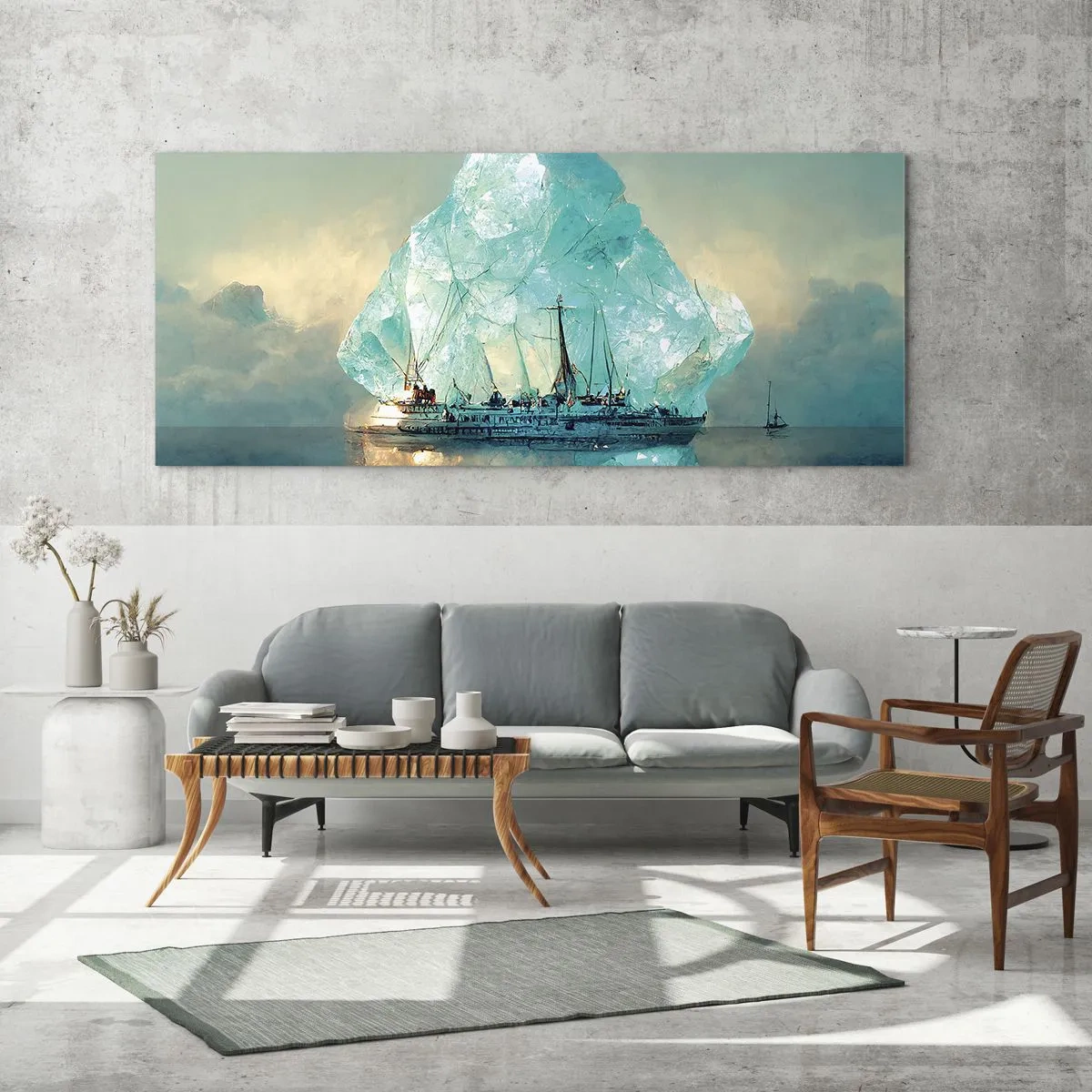 Cuadro sobre vidrio - Impresiones sobre Vidrio - Un barco con un majestuoso iceberg al fondo. - 160x50cm - Diamante ártico - Decoración de pared moderna para salón y dormitorio ARTTOR