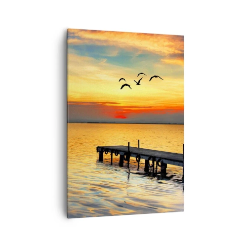 Cuadro sobre lienzo - Impresión de Imagen - Puesta de sol con un velero y un muelle en un lago tranquilo - 70x100cm - Regresos nocturnos - Decoración de pared moderna para salón y dormitorio ARTTOR