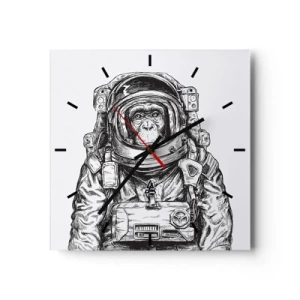 Reloj de pared - Reloj de vidrio - Gráfico de un astronauta en un traje espacial con cabeza de mono. - 30x30cm - Evolución alternativa - Decoración de pared moderna para salón y dormitorio ARTTOR