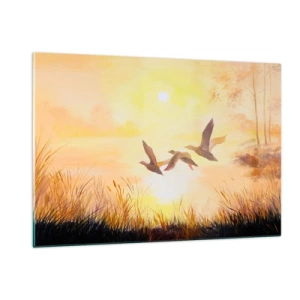 Cuadro sobre vidrio - Impresiones sobre Vidrio - Tres patos volando sobre un lago al amanecer - 120x80cm - El comienzo de un largo viaje - Decoración de pared moderna para salón y dormitorio ARTTOR