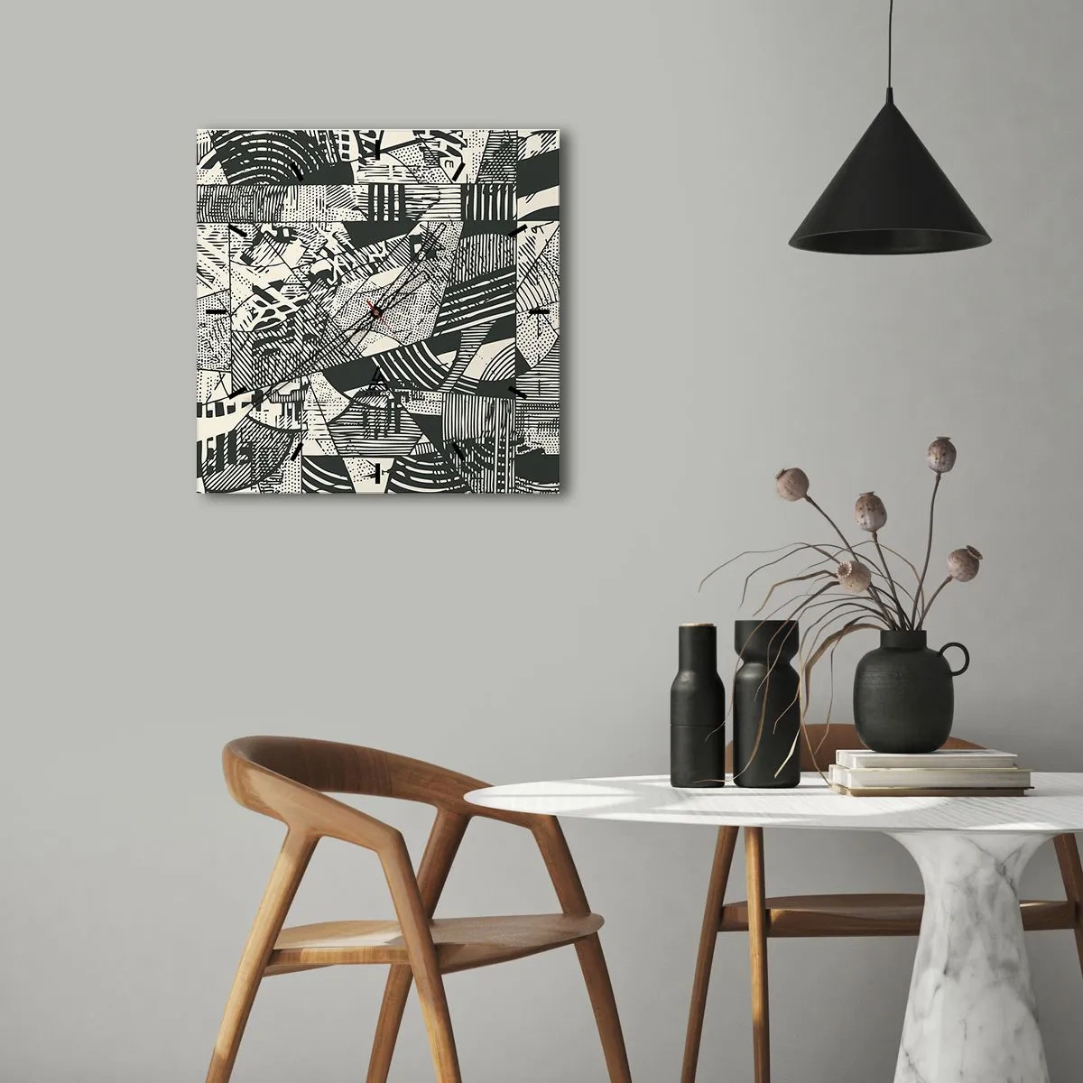 Reloj de pared - Reloj de vidrio - Patrones abstractos geométricos en tonos verdes sobre un fondo claro - 30x30cm - La dinámica del presente - Decoración de pared moderna para salón y dormitorio ARTTOR